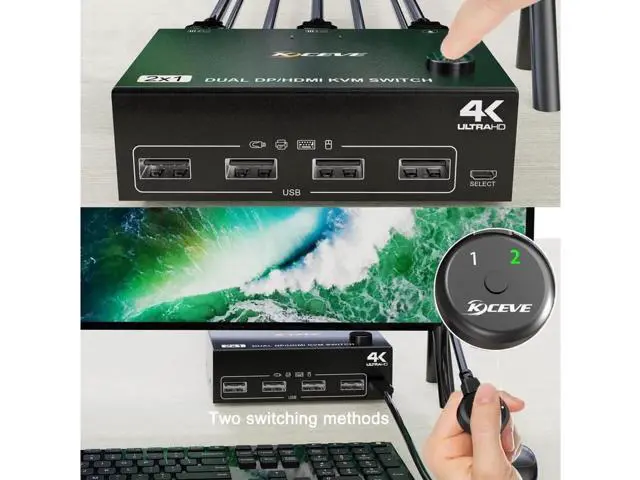 Alt view image 4 of 7 - Monitor KVM Switch HDMI and DP 2 Port 4K @60Hz, Extended Display Switcher for 2 Computers Share 2 Monitors (1 Displayport and 1 HDMI) with 4 USB 2.0 Hub, Desktop Controller and USB HDMI DP Cables