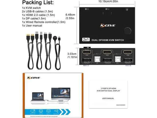 Alt view image 7 of 7 - Monitor KVM Switch HDMI and DP 2 Port 4K @60Hz, Extended Display Switcher for 2 Computers Share 2 Monitors (1 Displayport and 1 HDMI) with 4 USB 2.0 Hub, Desktop Controller and USB HDMI DP Cables