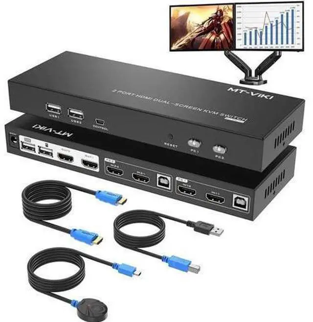 Main image of Monitor HDMI KVM Switch 2 Port, 4K @60Hz USB HDMI Extended Display Switcher for 2 Computers Share 2 Monitors and 4 USB 2.0 Hub, Desktop Controller & USB Cables HD MI Cables Included