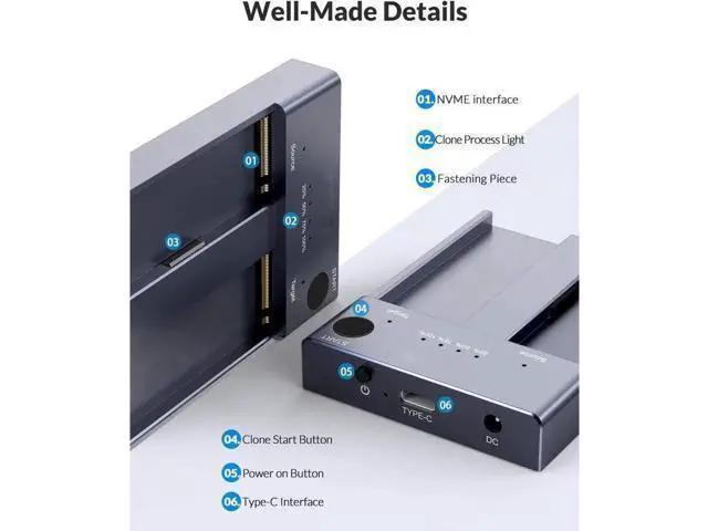 Alt view image 5 of 6 - Aomoproing M.2 NVME SSD Offline Clone Dual Bay 10Gbps USB C 3.1 Gen2 For M Key NVME PCIe M2 SSD Hard Drive Reader Enclosure docking