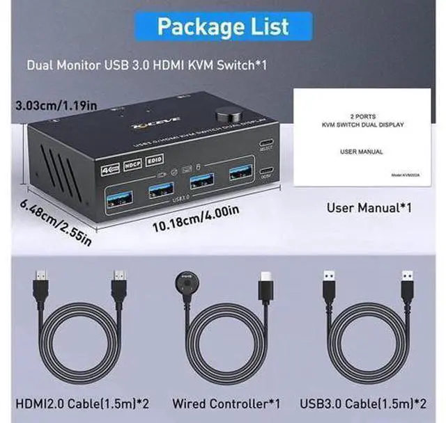 Main image of 2 Ports Dual Monitor HDMI KVM Switch 2 in 2 Out, 4K @60Hz KVM Switch HDMI Extended Display 2 Computers 2 Monitors and 4 USB 3.0 Ports with Simulation EDID, Wired Controller, HD-MI 2.0+USB 3.0 Cables