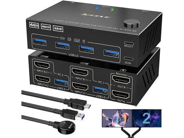 Alt view image 6 of 7 - 2 Ports Dual Monitor HDMI KVM Switch 2 in 2 Out, 4K @60Hz KVM Switch HDMI Extended Display 2 Computers 2 Monitors and 4 USB 3.0 Ports with Simulation EDID, Wired Controller, HD-MI 2.0+USB 3.0 Cables