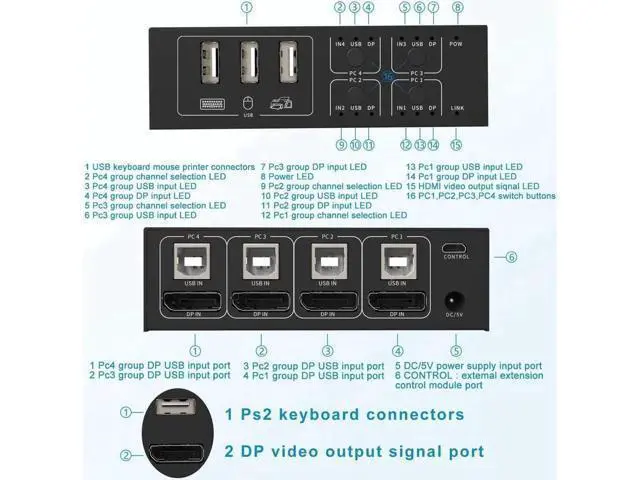 Alt view image 3 of 7 - 4 in 1 Out DisplayPort KVM Switch 4x1, 4 Port 4K @60Hz USB and DP Switch for 4 Computers Share Keyboard Mouse Printer Monitor for Laptop,PC, with 4X USB Cable,1x Switch Button Cable,1x Power Cable
