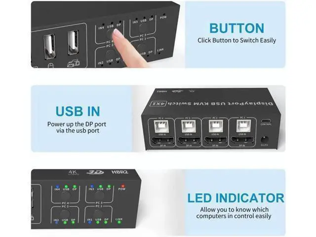 Alt view image 4 of 7 - 4 in 1 Out DisplayPort KVM Switch 4x1, 4 Port 4K @60Hz USB and DP Switch for 4 Computers Share Keyboard Mouse Printer Monitor for Laptop,PC, with 4X USB Cable,1x Switch Button Cable,1x Power Cable