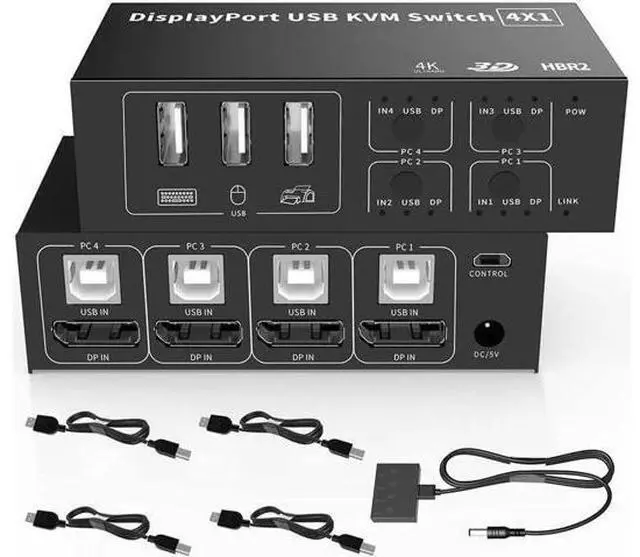 Main image of 4 in 1 Out DisplayPort KVM Switch 4x1, 4 Port 4K @60Hz USB and DP Switch for 4 Computers Share Keyboard Mouse Printer Monitor for Laptop,PC, with 4X USB Cable,1x Switch Button Cable,1x Power Cable