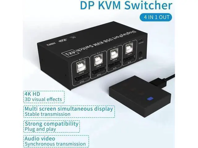 Alt view image 5 of 7 - 4 in 1 Out DisplayPort KVM Switch 4x1, 4 Port 4K @60Hz USB and DP Switch for 4 Computers Share Keyboard Mouse Printer Monitor for Laptop,PC, with 4X USB Cable,1x Switch Button Cable,1x Power Cable