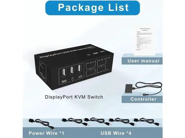 Alt view image 7 of 7 - 4 in 1 Out DisplayPort KVM Switch 4x1, 4 Port 4K @60Hz USB and DP Switch for 4 Computers Share Keyboard Mouse Printer Monitor for Laptop,PC, with 4X USB Cable,1x Switch Button Cable,1x Power Cable