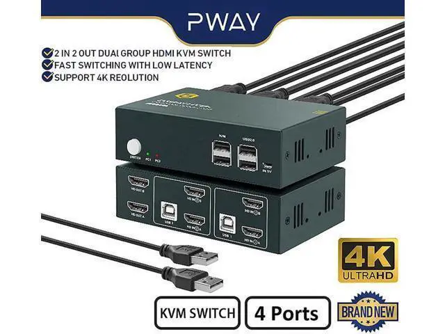 Alt view image 4 of 6 - 2 port KVM Switch HDMI 2.0 Switcher Splitter 4K@60Hz 2 Group 2 In 2 Out 4 Port With 4 USB Hub For PC Macbook Laptop Dual Display