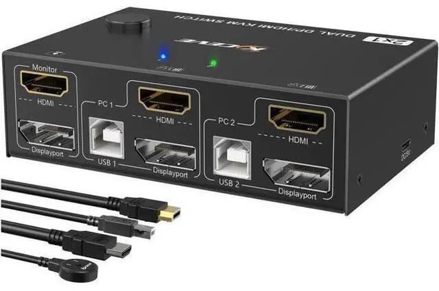 Main image of Monitor HDMI + Displayport KVM Switch 4K @60Hz 2K @120Hz, HDMI DP Extended Display Switcher for 2 Computers Share 2 Monitors and 4 USB 2.0 Ports, Wired Remote and 4 Cables Included