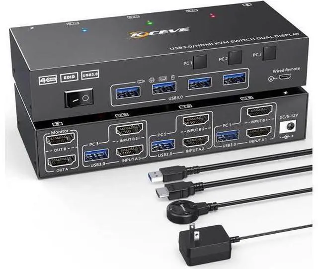 Main image of Aomoproing Dual Monitor KVM Switch USB 3.0 HDMI KVM Switch 2 Monitors 3 Computers 4K@60Hz 2K@144Hz, EDID Emulator, Dual Monitor KVM Switch with 4 USB 3.0 Ports,Wired Remote and Cables Included