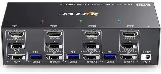 Main image of KVM Switch 3 Monitors 3 Computers 8K@60Hz 4K@144Hz, Camgeet HDMI+2 Displayport KVM Switch Triple Monitor for 3 Computer Share 3 Monitor and 4 USB3.0 Devices,Wired Remote and 12V power adapter Included
