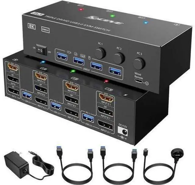 Main image of KVM Switch 3 Computers 3 Monitors, KCEVE HDMI + DisplayPort USB 3.0 KVM Switcher, 8K@30Hz/4k@144Hz Triple Monitor DP KVM for 3 PC Share 3 Display and 4 USB 3.0 Devices, Wired Remote Included