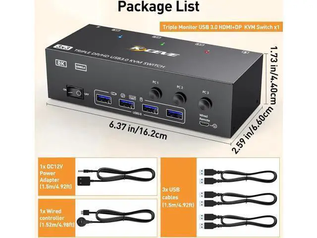 Alt view image 4 of 7 - KVM Switch 3 Computers 3 Monitors, KCEVE HDMI + DisplayPort USB 3.0 KVM Switcher, 8K@30Hz/4k@144Hz Triple Monitor DP KVM for 3 PC Share 3 Display and 4 USB 3.0 Devices, Wired Remote Included