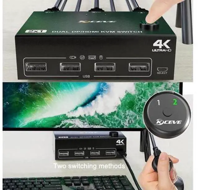 Alt view image 4 of 7 - Monitor KVM Switch HDMI and DP 2 Port 4K @60Hz, Extended Display Switcher for 2 Computers Share 2 Monitors (1 Displayport and 1 HDMI) with 4 USB 2.0 Hub, Desktop Controller and USB HDMI DP Cables