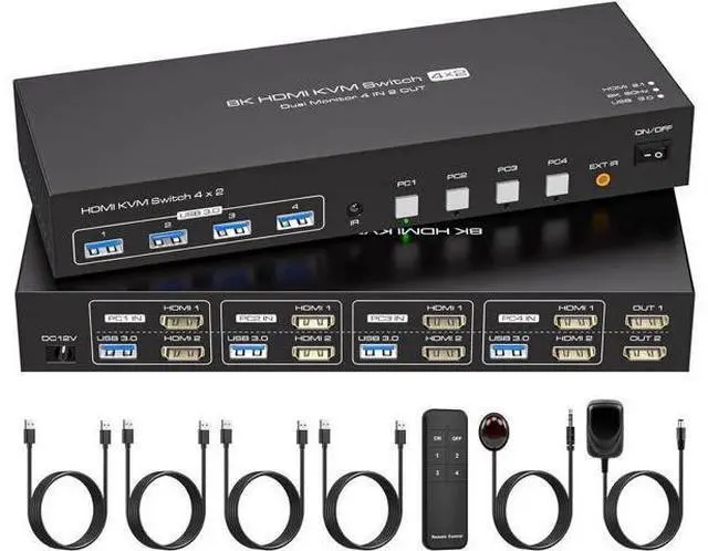 Main image of AomoproinDual Monitor HDMI KVM Switch 4 Computers 2 Monitors 8K@60Hz 4K@120Hz 4 Port KVM Switches for 4 PC Share 4 USB 3.0 Devices Support Copy and Extend Mode Includes Remote Control and Power Adapte