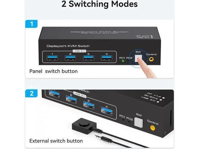 Alt view image 6 of 7 - 8K Displayport KVM Switch Dual Monitor 4K@120Hz USB 3.0 KVM Switches for 2 Computers Share 2 Monitors and 4 USB Devices, 12V/1A DC Adapter, Wired Extension Button and 2 USB 3.0 Cables Included