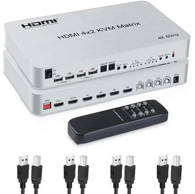Main image of 4x2 HDMI KVM Matrix Switcher, 4K@60Hz KVM Switch + Optical & L/R Audio Output, 4 HDMI2.0 Port + 4 USB2.0 Port, Share 4 Computer to Dual Monitor, Support Auto Scale, Audio Extractor with Remote Control