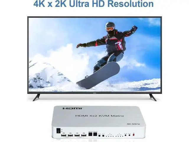 Alt view image 4 of 7 - 4x2 HDMI KVM Matrix Switcher, 4K@60Hz KVM Switch + Optical & L/R Audio Output, 4 HDMI2.0 Port + 4 USB2.0 Port, Share 4 Computer to Dual Monitor, Support Auto Scale, Audio Extractor with Remote Control