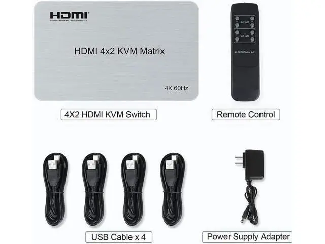 Alt view image 3 of 7 - 4x2 HDMI KVM Matrix Switcher, 4K@60Hz KVM Switch + Optical & L/R Audio Output, 4 HDMI2.0 Port + 4 USB2.0 Port, Share 4 Computer to Dual Monitor, Support Auto Scale, Audio Extractor with Remote Control