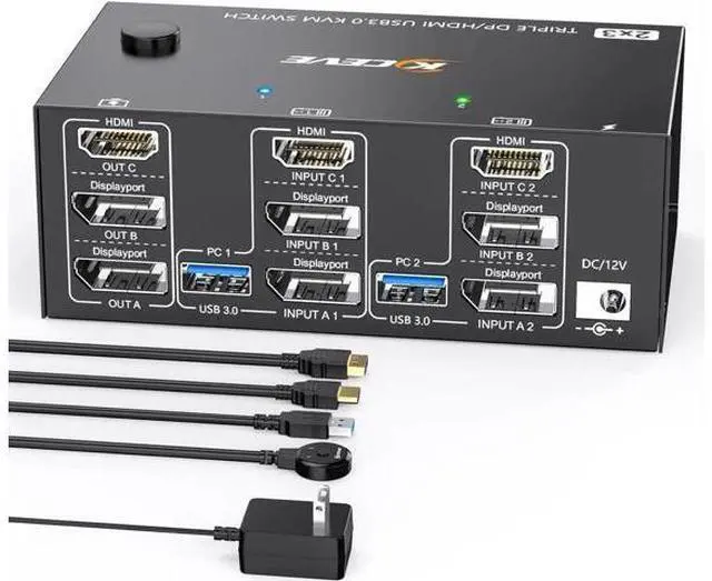 Main image of Aomoproing 2 Displayport + HDMI USB 3.0 KVM Switch 3 Monitors 2 Computers, 8K@60Hz,4K@144Hz Triple Monitor KVM with 4 USB 3.0 Ports, KVM Triple Monitor Keyboard Mouse Switcher,Included KVM Cables