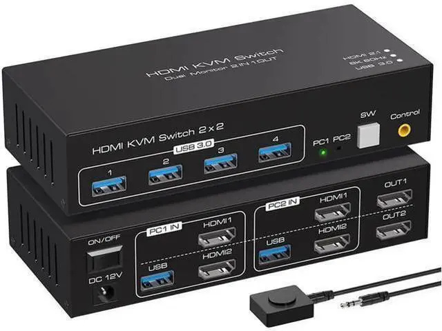 Main image of Monitor HDMI KVM Switch USB 3.0, 2 Port HDMI 4K @120HZ 8K @60HZ KVM Switcher HDMI for 2 Computers 2 Monitors with 4 Ports USB 3.0 Support Copy and Extended Display and Desktop Control
