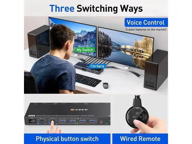 Alt view image 5 of 6 - Aomoproing Displayport KVM Switch Dual Monitor KVM for 2 Computers 8K@30Hz/4K@144Hz Extend Display Support KVM Mode and USB Mode with Voice Control and Remote Control Include KVM Cables