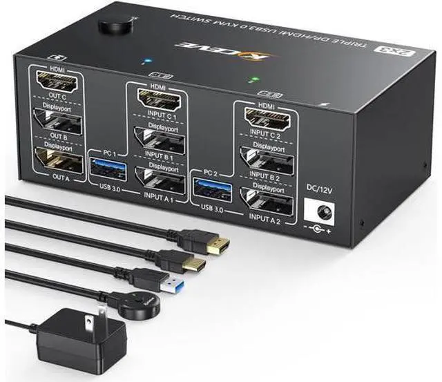 Main image of AomoproiTriple Monitors KVM Switch 2 Displayport + HDMI USB 3.0 KVM Switch 8K@60Hz,4K@144Hz 3 Monitors 2 Computers KVM with 4 USB 3.0 Ports Included KVM Cables,HDMI 8K@60Hz/4K@60Hz,DP 8K@30Hz/4K@144Hz
