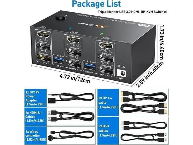 Alt view image 3 of 6 - AomoproiTriple Monitors KVM Switch 2 Displayport + HDMI USB 3.0 KVM Switch 8K@60Hz,4K@144Hz 3 Monitors 2 Computers KVM with 4 USB 3.0 Ports Included KVM Cables,HDMI 8K@60Hz/4K@60Hz,DP 8K@30Hz/4K@144Hz