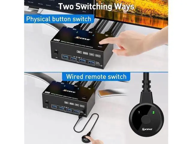 Alt view image 2 of 7 - Triple Monitors KVM Switch HDMI 2 Displayport USB 3.0 KVM Switch 8K@60Hz, 4K@144Hz 3 Monitors 2 Computers KVM with 4 USB 3.0 Ports Included KVM Cables,HD-MI 8K@60Hz/4K@60Hz,DP 8K@30Hz/4K@144Hz