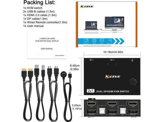 Alt view image 3 of 7 - Monitor Displayport+HDMI KVM Switch 4K@60Hz,2K@120Hz, HDMI DP Extended Display Switcher USB KVM Switch for 2 Computers Share 2 Monitors and 4 USB 2.0 Ports,Wired Remote and 4 Cables Included