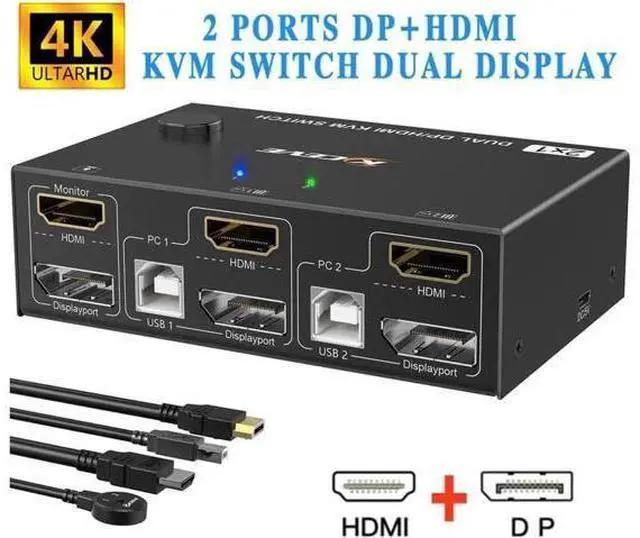 Main image of Monitor Displayport+HDMI KVM Switch 4K@60Hz,2K@120Hz, HDMI DP Extended Display Switcher USB KVM Switch for 2 Computers Share 2 Monitors and 4 USB 2.0 Ports,Wired Remote and 4 Cables Included