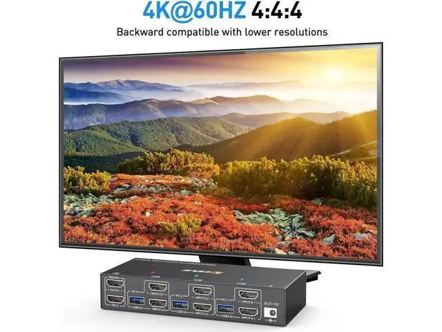 Alt view image 2 of 7 - Aomoproing Dual Monitor KVM Switch USB 3.0 HDMI KVM Switch 2 Monitors 3 Computers 4K@60Hz 2K@144Hz, EDID Emulator, Dual Monitor KVM Switch with 4 USB 3.0 Ports,Wired Remote and Cables Included
