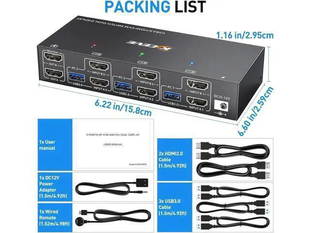 Alt view image 5 of 7 - Aomoproing Dual Monitor KVM Switch USB 3.0 HDMI KVM Switch 2 Monitors 3 Computers 4K@60Hz 2K@144Hz, EDID Emulator, Dual Monitor KVM Switch with 4 USB 3.0 Ports,Wired Remote and Cables Included