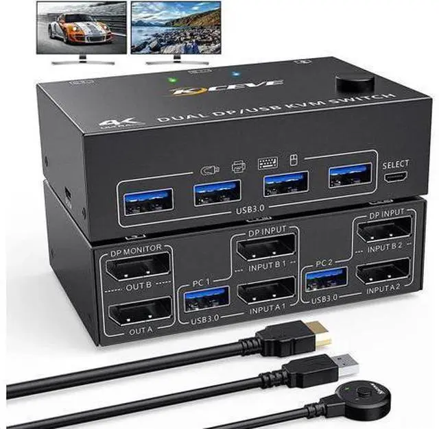 Main image of AomoproingUSB 3.0 Dual Monitor DisplayPort KVM Switch 8K @30Hz 4K @60Hz, 2 in 2 Out DP KVM Switch 2 PC 2 Monitors, KVM switches with 4 USB 3.0 ports for 2 PCs, with DP+USB cable and desktop controller