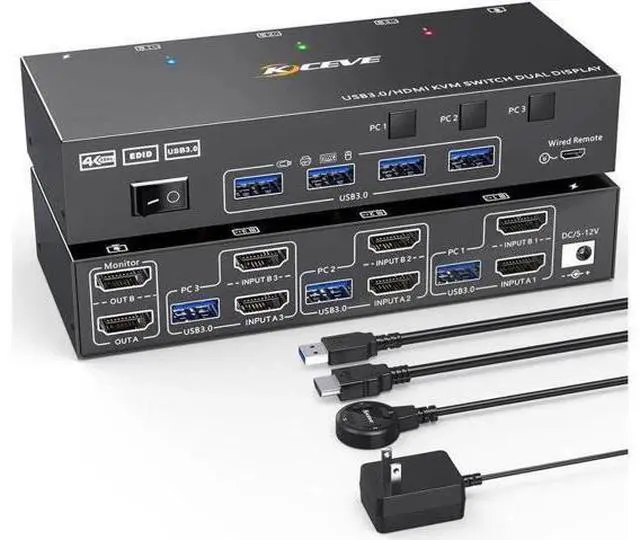Main image of AomoproinDual Monitor KVM Switch USB 3.0 HDMI KVM Switch for 2 Monitors 3 Computers 4K@60Hz 2K@144Hz, with EDID Emulator, Dual Monitor KVM Switch with 4 USB 3.0 Ports, Wired Remote and Cables Included
