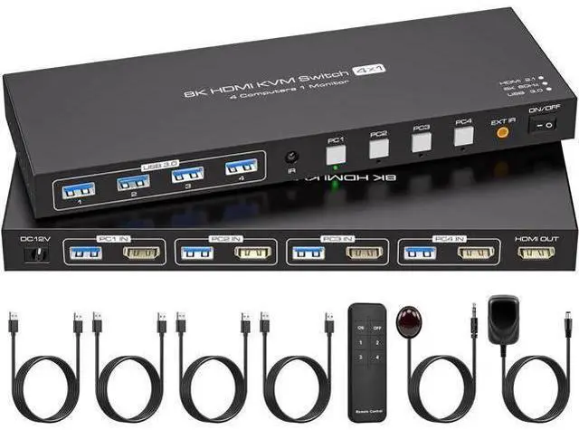 Main image of HDMI2.1 KVM Switch 4 Computers 1 Monitor 8K@60Hz 4K@120Hz 4 Port KVM Switches For 4 PCs Share 4 USB Devices Like Keyboard Mouse Printer etc. With Remote Controller & Other External Accessories