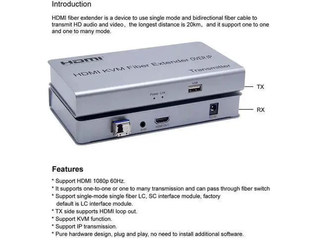 Alt view image 5 of 6 - 20km HDMI USB KVM Fiber Extender Over IP Single Mode Fiber-LC Fiber Optic Transceiver Audio Video Converter Transmitter Receiver