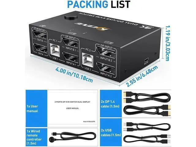 Alt view image 2 of 7 - 2 Port DP KVM Switch Dual Monitor, 8K@30Hz 4K@144Hz DisplayPort KVM Switch 2 in 2 Out, with 4 USB Port for 2 Computers 2 Monitors, Backward Compatible DP1.2 with DP+USB Cables and Wired Controller