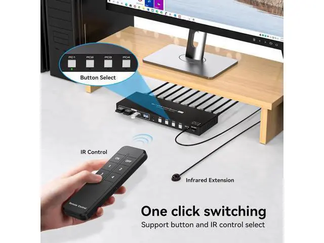 Alt view image 4 of 7 - HDMI2.1 KVM Switch 4 Computers 1 Monitor 8K@60Hz 4K@120Hz 4 Port KVM Switches For 4 PCs Share 4 USB Devices Like Keyboard Mouse Printer etc. With Remote Controller & Other External Accessories