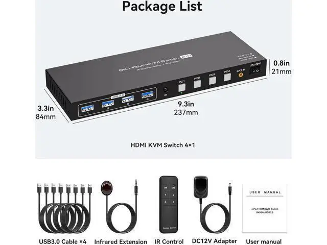 Alt view image 6 of 7 - HDMI2.1 KVM Switch 4 Computers 1 Monitor 8K@60Hz 4K@120Hz 4 Port KVM Switches For 4 PCs Share 4 USB Devices Like Keyboard Mouse Printer etc. With Remote Controller & Other External Accessories