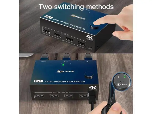Alt view image 6 of 7 - Monitor HDMI + Displayport KVM Switch 4K @60Hz 2K @120Hz, HDMI DP Extended Display Switcher for 2 Computers Share 2 Monitors and 4 USB 2.0 Ports, Wired Remote and 4 Cables Included