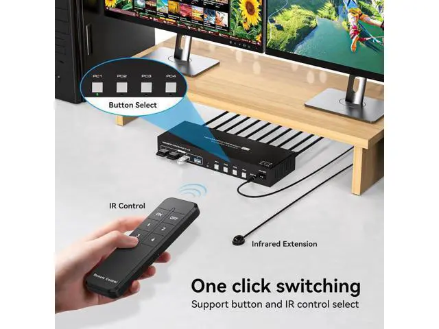 Alt view image 2 of 7 - Aomoproing Dual Monitor HDMI+Displayport KVM Switch 4 Computers 2 Monitors 4K@60Hz 2K@120Hz 4 Port KVM Switches for 4 PCs Share 4 USB 3.0 Devices with Remote Control,USB3.0 Cables and Power Adapte