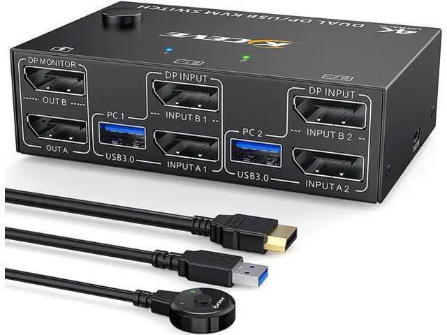 Main image of 2 Ports Dual Monitor DisplayPort KVM Switch 8K @30Hz 4K @60Hz 2 in 2 Out, DP 1.4 KVM Switch and 4 USB 3.0 for 2 Computers, Backward Compatible DP1.2 with DP+USB Cables and Wired Controller included