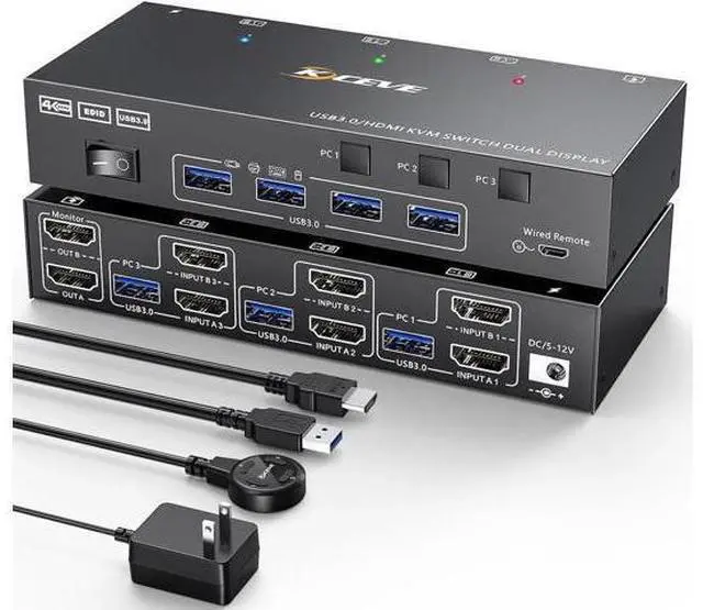 Main image of Aomoproing HDMI KVM Switch 2 Monitors 3 Computers 4K@60Hz, EDID simulationDual Monitor KVM Switch for 3 Computers Share 2 Displays and Keyboard Mouse Printer, Wired Remote and 5 Cables Included