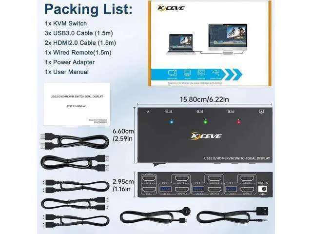 Alt view image 6 of 7 - Aomoproing HDMI KVM Switch 2 Monitors 3 Computers 4K@60Hz, EDID simulationDual Monitor KVM Switch for 3 Computers Share 2 Displays and Keyboard Mouse Printer, Wired Remote and 5 Cables Included