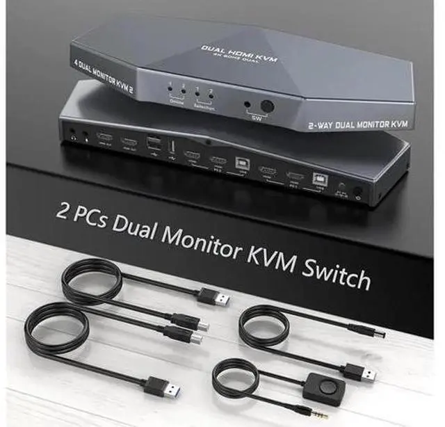 Main image of Aomoproing KVM Switch 4K @60Hz 2 PCs Dual Monitor, Dual Monitor Suitable HDMI KVM Switch for 2 Computers + 2 Monitors with Audio, USB Powered, Hotkey Switch, 4K Monitor with Cables