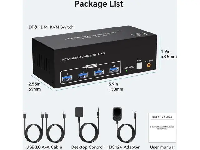 Alt view image 4 of 7 - 8K@60Hz HDMI+2 Displayport KVM Switch 3 Monitors 2 Computers 4K@120Hz USB 3.0 DP KVM Swtiches Triple Monitor 2 Port for 2 PC Share 1 Set of Keyboard Mouse Printer Hard Disk Etc Support Extended Mode