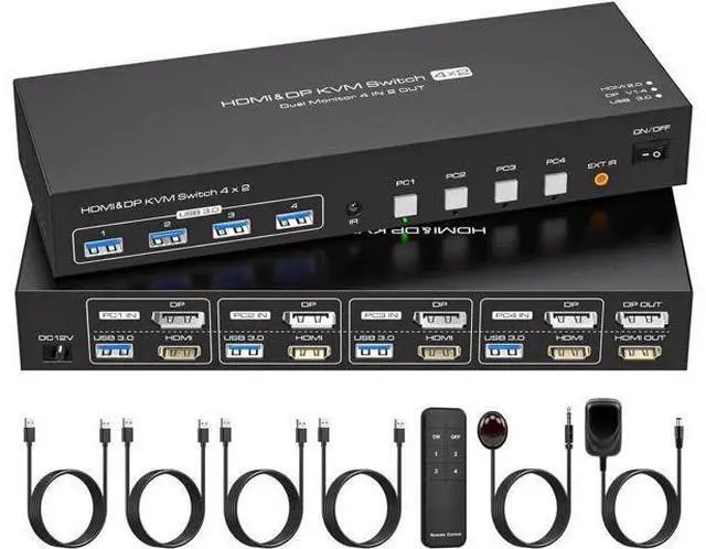 Main image of Aomoproing Dual Monitor HDMI+Displayport KVM Switch 4 Computers 2 Monitors 4K@60Hz 2K@120Hz 4 Port KVM Switches for 4 PCs Share 4 USB 3.0 Devices with Remote Control,USB3.0 Cables and Power Adapte