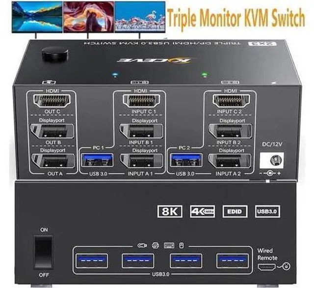 Main image of 2 Displayport + HDMI 3 Monitor KVM Switch USB 3.0, 8K @60Hz 4K@144Hz Triple Monitor KVM Switch for 2 Computer Share 3 Monitor and 4 USB 3.0 Port Keyboard Mouse, Wired Remote and 5 Cables Included