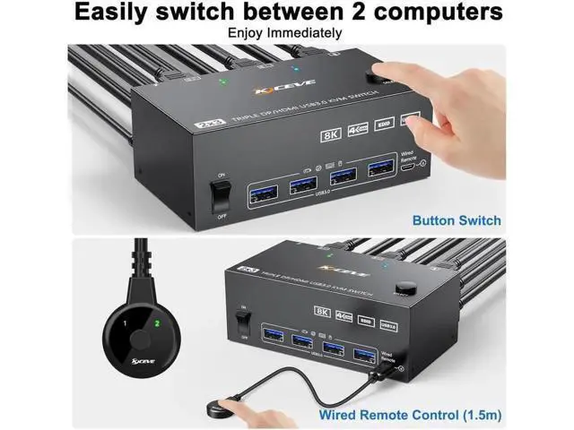 Alt view image 2 of 7 - 2 Displayport + HDMI 3 Monitor KVM Switch USB 3.0, 8K @60Hz 4K@144Hz Triple Monitor KVM Switch for 2 Computer Share 3 Monitor and 4 USB 3.0 Port Keyboard Mouse, Wired Remote and 5 Cables Included